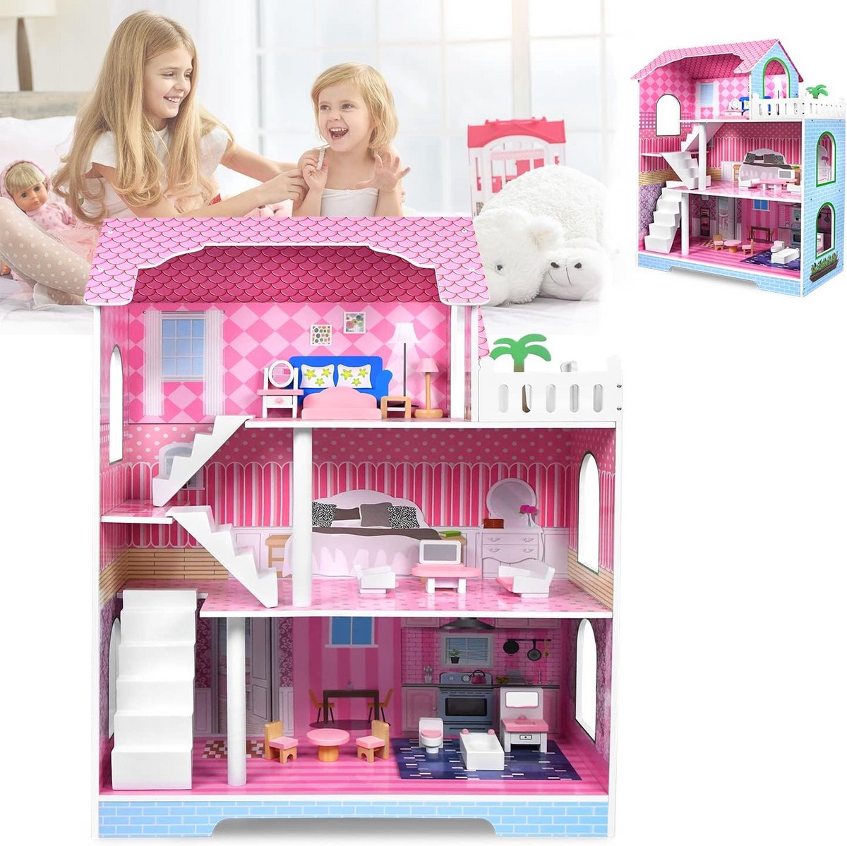 Houten Poppenhuis 3 Verdiepingen met Meubels voor Kinderen vanaf 2 Jaar