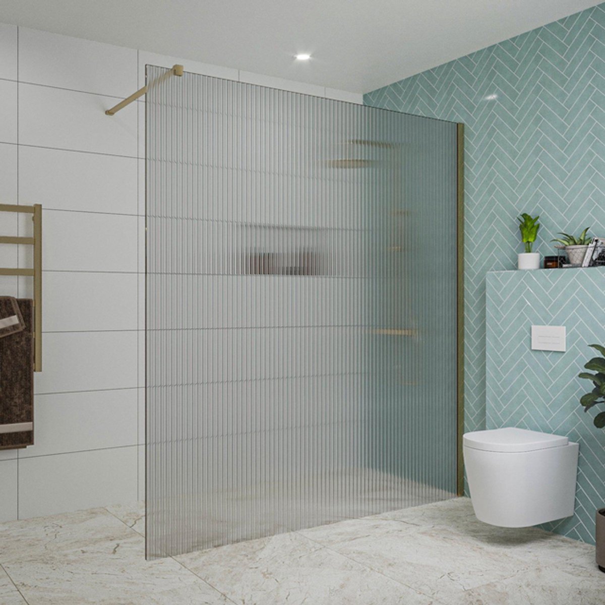 FugaFlow Eccelente Vetro inloopdouche - 180x200cm - ribbelglas - wandarm - Geborsteld Messing PVD (Goud)