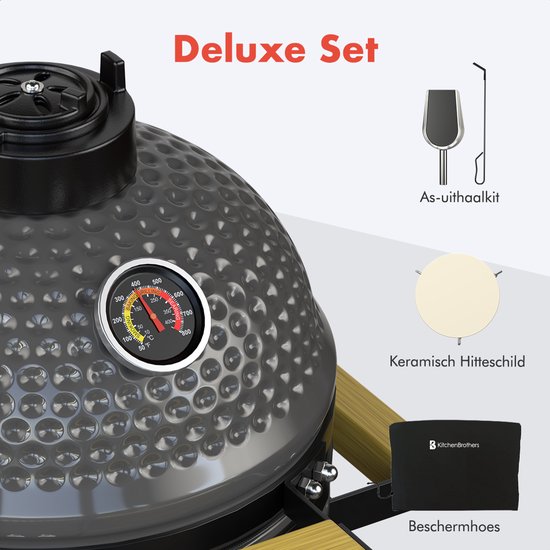 KitchenBrothers Kamado BBQ - PFAS Vrij - 13 Inch Houtskool Barbecue - 27⌀ cm - Deluxe Set - Egg BBQ met Accessoires inclusief Hoes - Grijs van Merkloos — afbeelding 4
