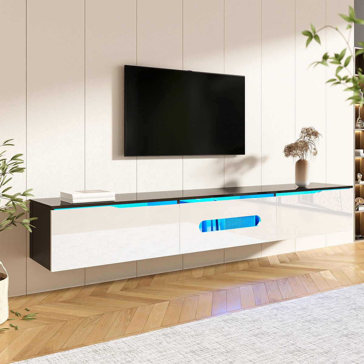REDOM TV-meubel 180x35x30 cm van MDF en spaanplaat, zwart-wit hoogglans en mat, met 16-kleur LED