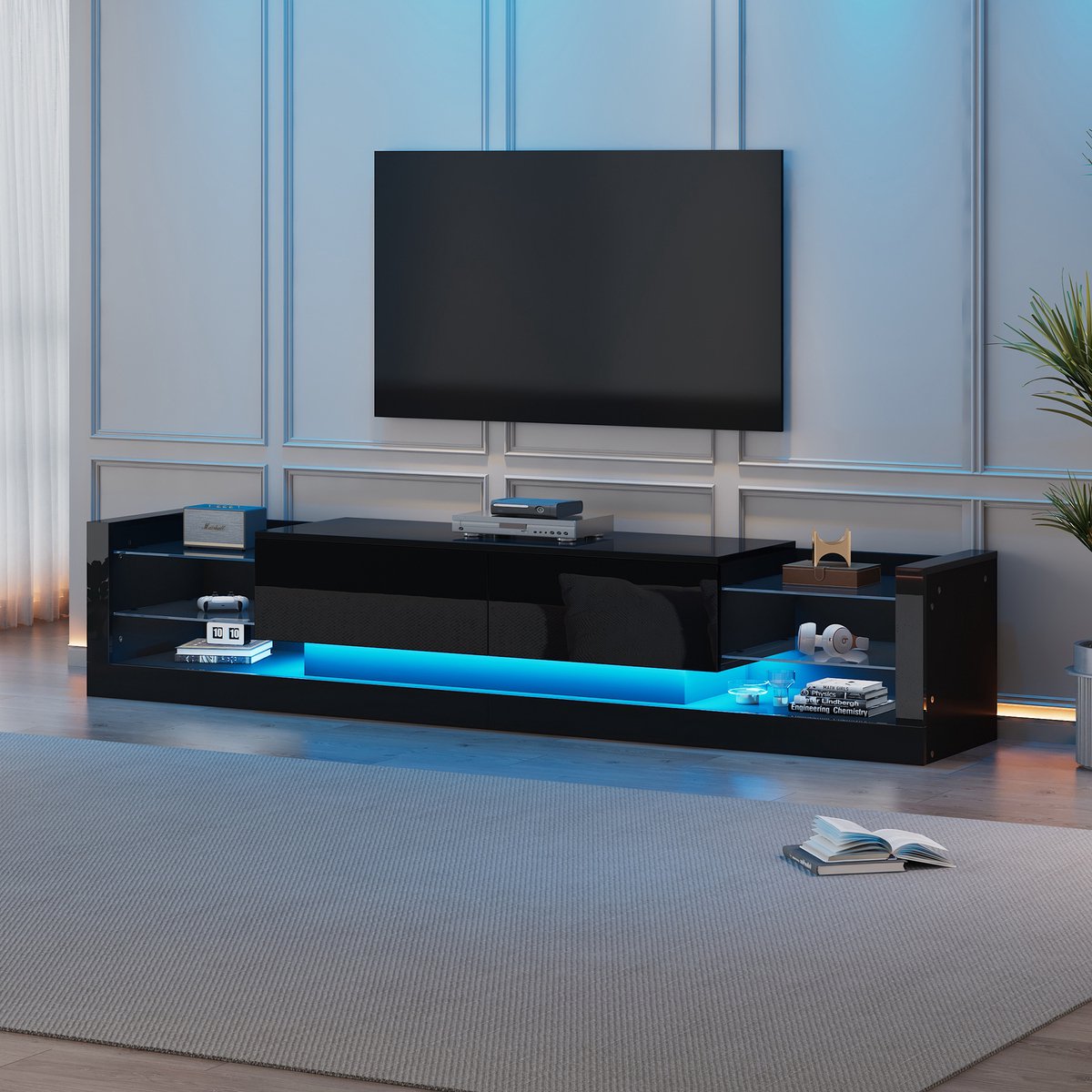Wishdor Tv-Meubel - Hoogglans Afwerking - Ledverlichting - Met Glasfront - Met 2 Kleplades - Spaanplaat - Zwart - 181 X 38 X 38 Cm