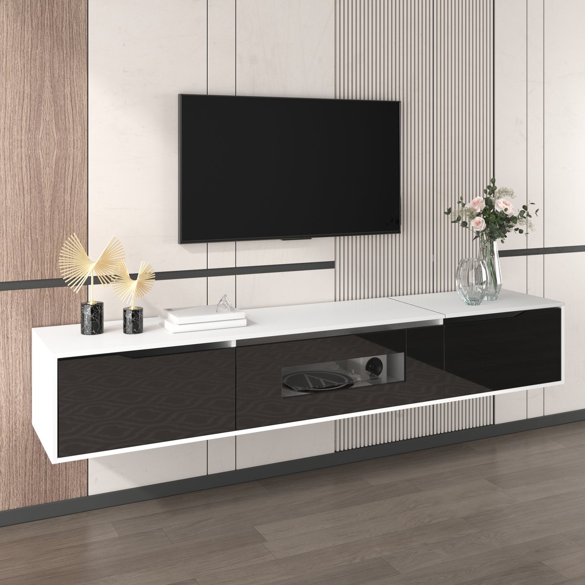 REDOM TV-meubel 180x35x30 cm van spaanplaat, hoogglans zwart-wit met ribdeuren en kleurwisselende LED