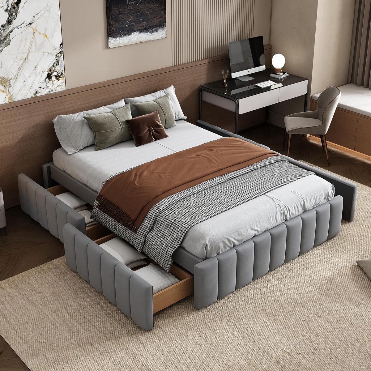 Futonbed met laden - Jeugdbed tweepersoons - Ruimte besparen - Vier opberg laden - 140x200 cm - Grijs