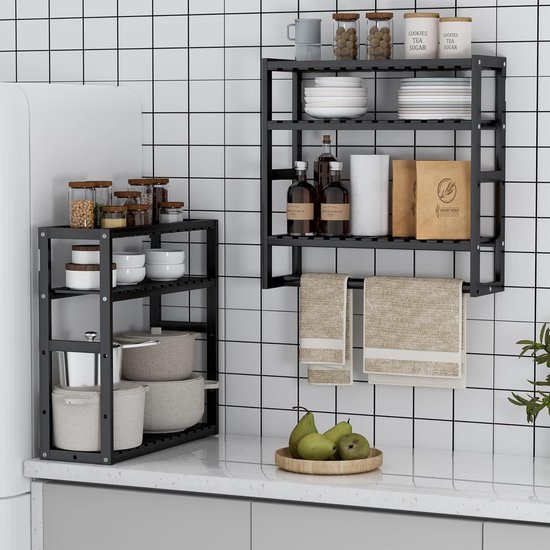 NOVIMANGO Over The Toilet Opslag 3 Tier Over Toilet Badkamer Organizer Houten Badkamer Ruimtebesparend Vrijstaand Boven Toiletstandaard met 4 Haken Zwart Over Het Toiletrek voor Toilet, Wasserij