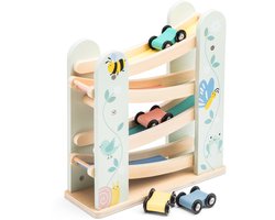 Woet® Houten Autobaan – Jodelbaan met 4 auto's – FSC Gecertificeerd Educatief Speelgoed – Houten Speelgoed Rollerbaan – Peuterspeelgoed Vanaf 18 Maanden