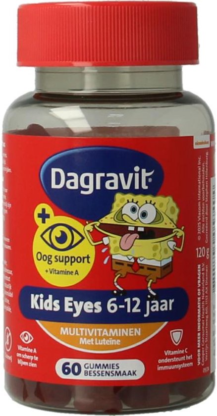 Dagravit Kids Eyes Multivitaminen met oogsupport - Multivitamine met vitaminen en mineralen - Met o.a. vitamine C en vitamine A ( luteïne) - Glutenvrij en lactosevrij - Bessensmaak - Spongebob - Leeftijd 6-12 jaar - 60 gummies