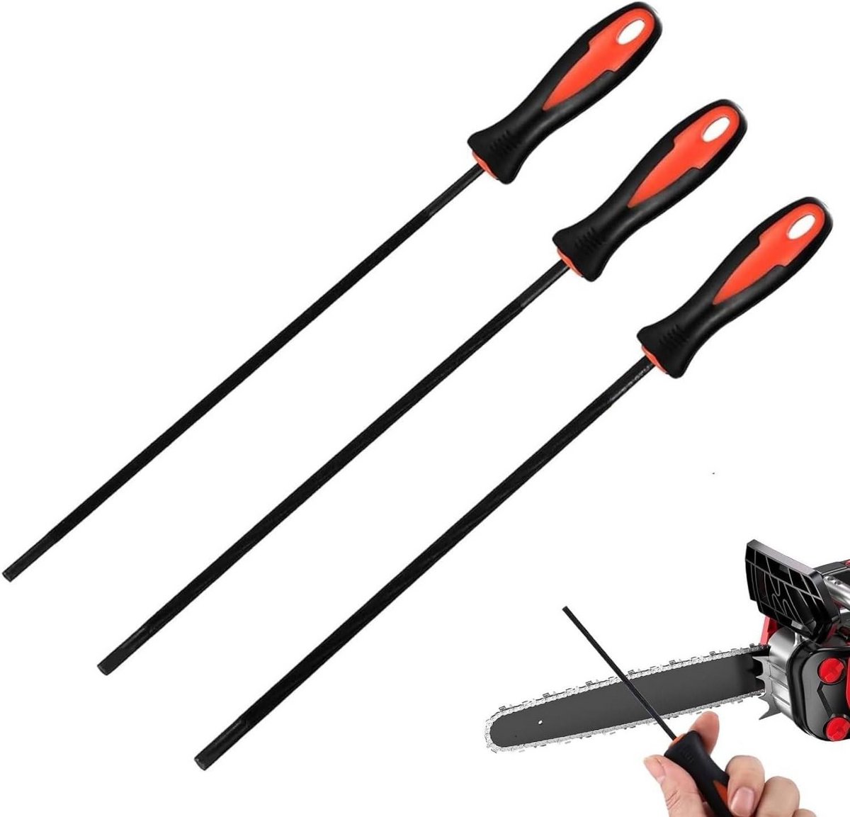 Set van 3 Kettingzaagvijlen met Handvat in Diverse Maten (4.0, 4.8, 5.5 mm)