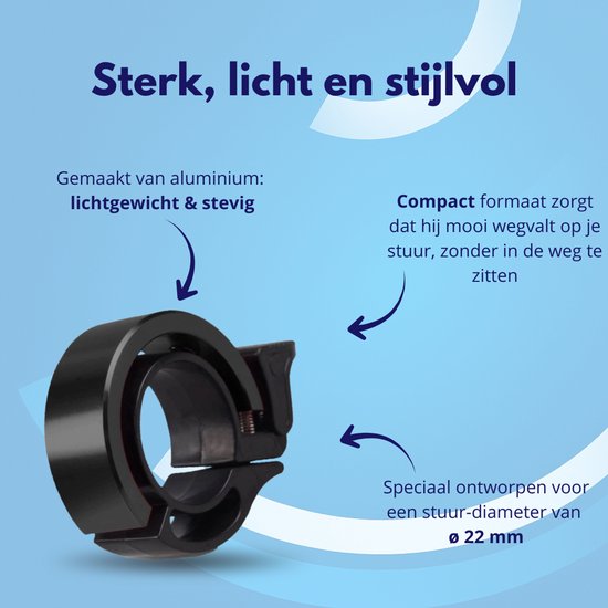 Zwarte, compacte aluminium fietsbel voor stuur met diameter 22 mm. Lichtgewicht en stevig.