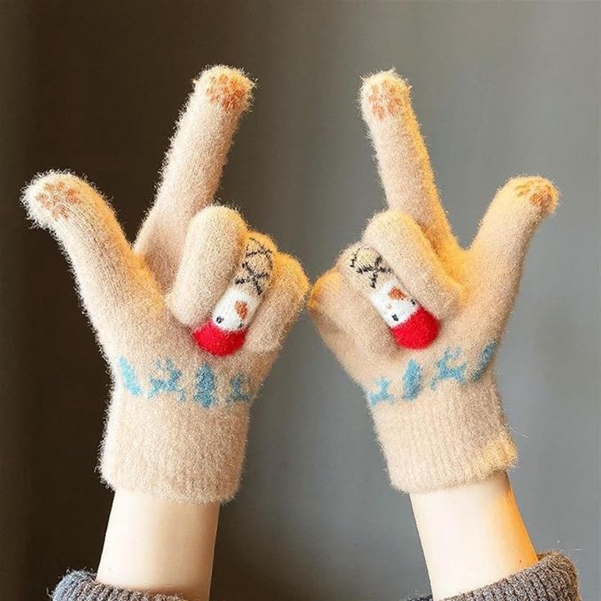 Winter Touchscreen Handschoenen Touchscreen Fietsen Sneeuwpop Kerst Cartoon Gebreid Beige