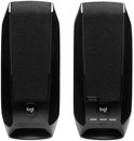 Paar zwarte Logitech speakers met stoffen voorkant en bedieningsknoppen op de rechter.