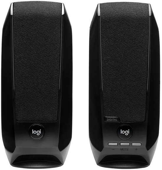 Paar zwarte Logitech speakers met stoffen voorkant en bedieningsknoppen op de rechter.