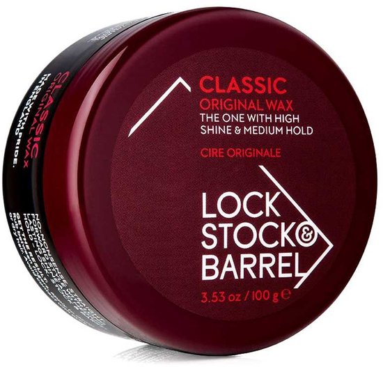 Donkerrode pot met Lock Stock & Barrel Classic Original Wax in witte letters. 100g.