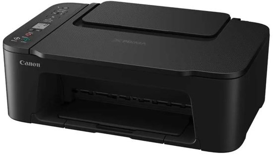 Zwarte Canon Pixma printer, gedraaid naar de zijkant.