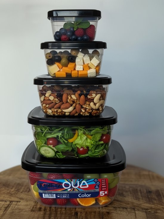 Tobeyz - 5-delige Vershoudbakjes Set met Deksel – Meal Prep Bakjes - Diepvriesbakjes - Vierkant Voedselcontainer - 500ml, 900ml, 1500ml, 2400ml, 3750ml - BPA-vrij, Herbruikbaar - Zwart - QS190