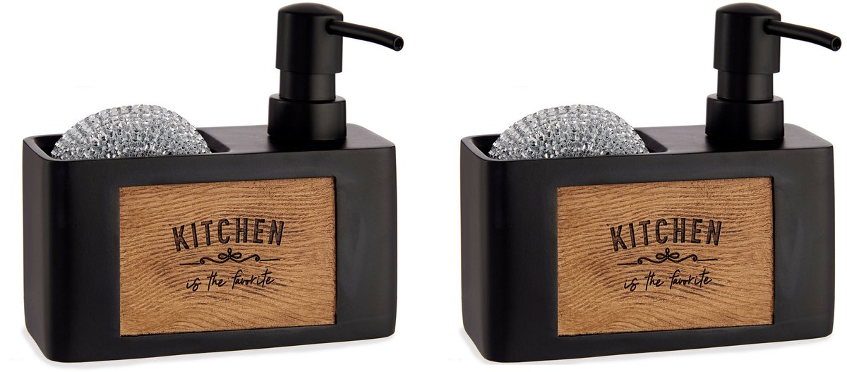 Arte R Zeeppompje/dispenser - 2x - met houder - kunststof hout - zwart - 15 x 13 cm - navulbaar - keuken/toilet/badkamer
