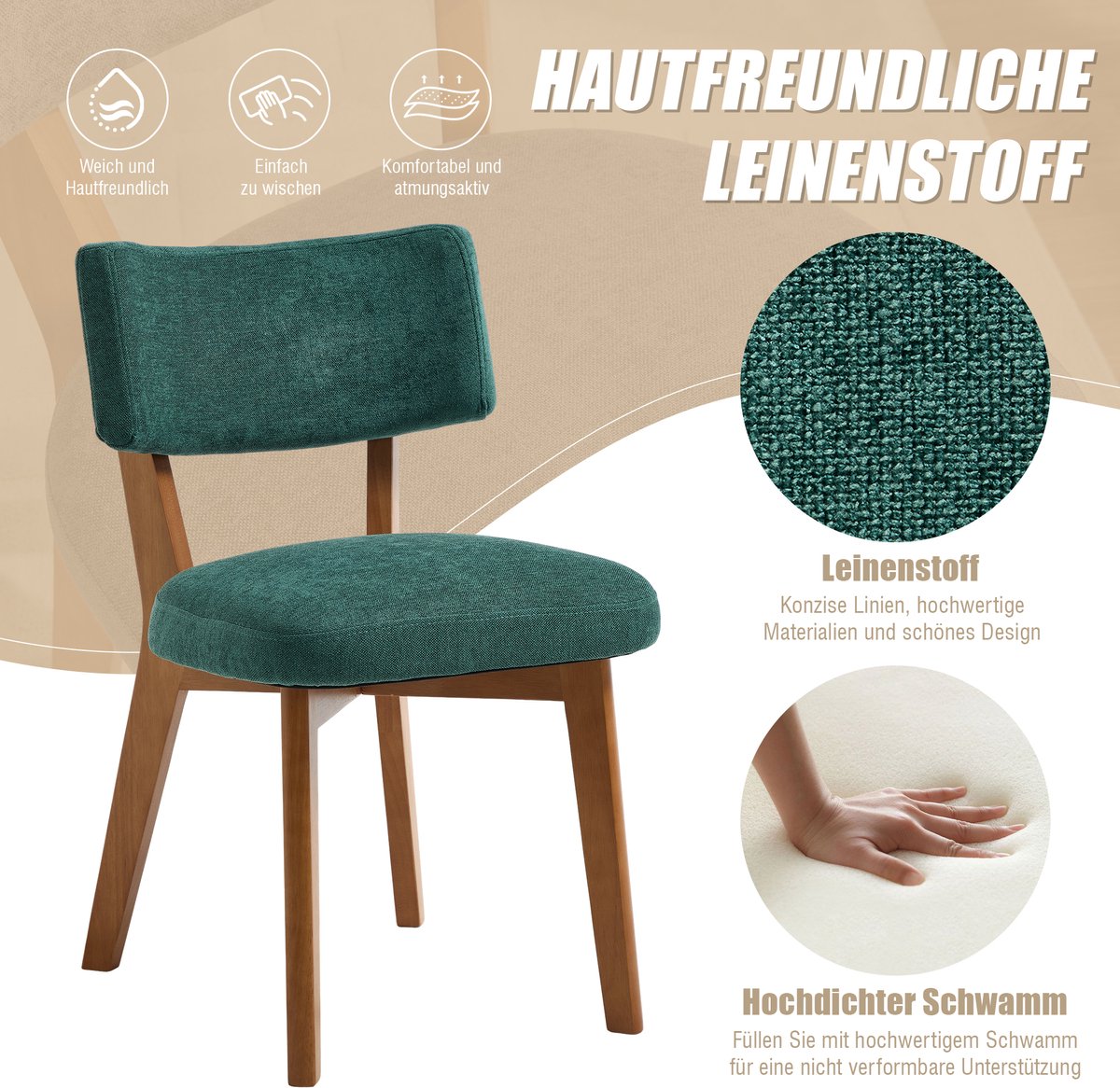 Moderne eetkamerstoelen in mid-century stijl, set van 2, met massief houten poten en gestoffeerde zitting voor keuken, eetkamer of kantoor-Groen