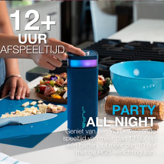 JLab Jbuds Bluetooth Speaker Draadloos - Draagbare Muziekbox - 12 uur Batterijduur - 30 Watt - Bass Boost - IPX6 Waterproof - Multipairing - Instelbare Party Lights - App Equalizer - Blauw