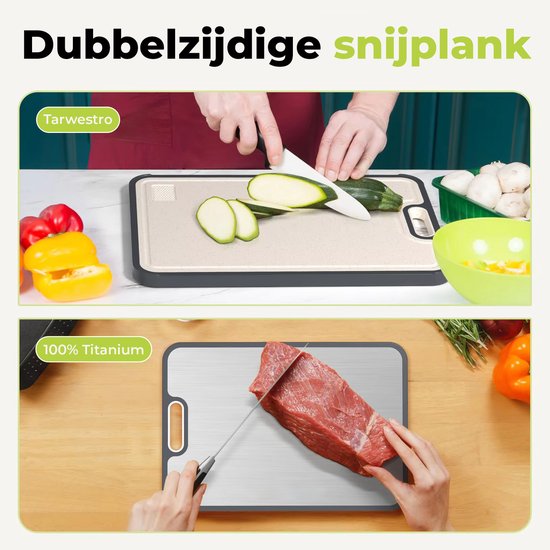 Dubbelzijdige snijplank: bovenkant met courgette, onderkant met rauw vlees.