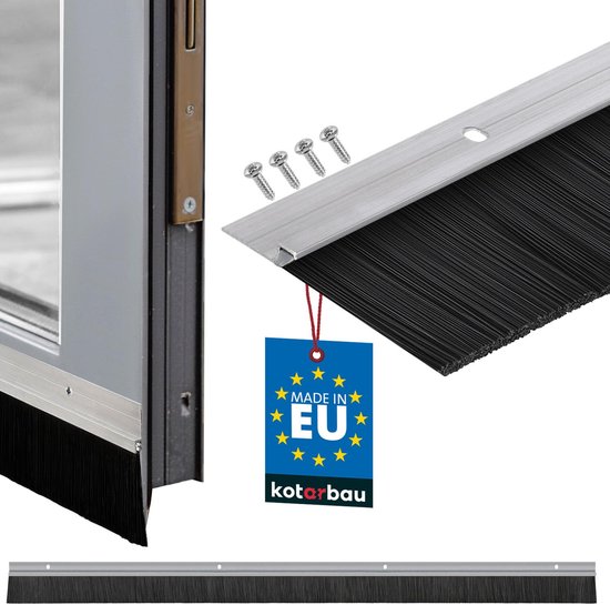 KOTARBAU deurborstel met aluminium profiel, zwarte nylon borstels en een 'Made in EU'-label. Met schroeven.