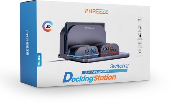 Verpakking van een Phreeze Switch 2 docking station met 4 controller slots. Twee controllers opgeladen met rode en blauwe LED-verlichting.