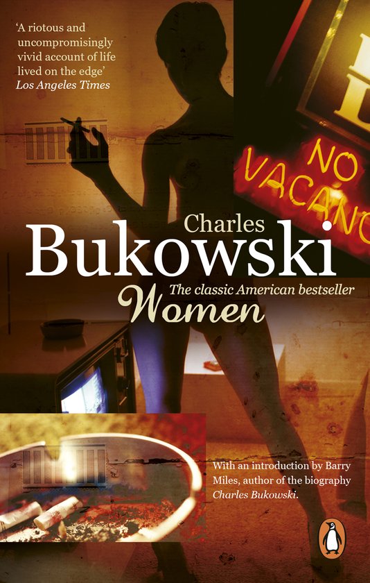 Couverture du livre "Women" par Charles Bukowski. Silhouette d'une femme, avec un panneau au néon "NO VACANCY".