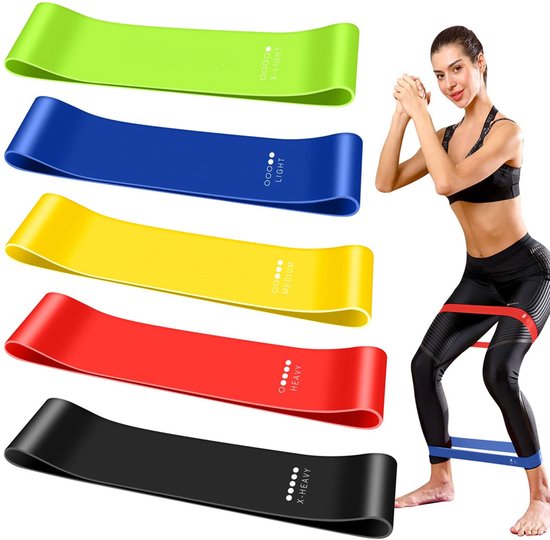 Eldur® - Weerstandsbanden - set van 5 stuks - Resistance Band - Fitness Elastiek - Booty bands - Inclusief opbergzakje + schema met Oefeningen