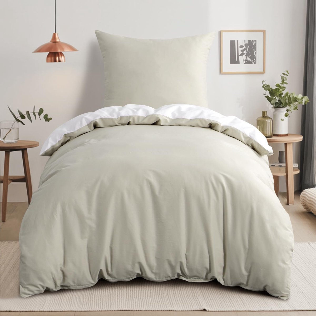 Unyqoos Omkeerbare katoenen dekbedovertrekset met ritssluiting en kussensloop beige en wit