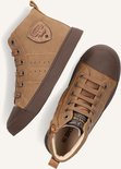 Bruine leren hoge sneakers, een paar op de grond, één voorste sneaker met rits. Met logo-embleem op de zijkant.