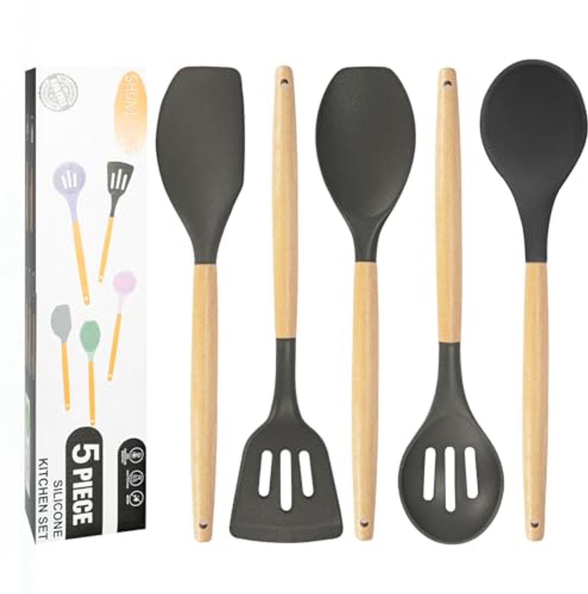 Keukengerei Set - 5 Stuks Hittebestendige Siliconen Keukengadgets met Houten Handvat
