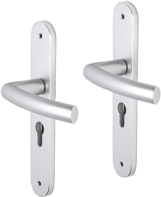 Set van twee aluminium Impresso Burton deurkrukken met sleutelgaten op ovale schilden.