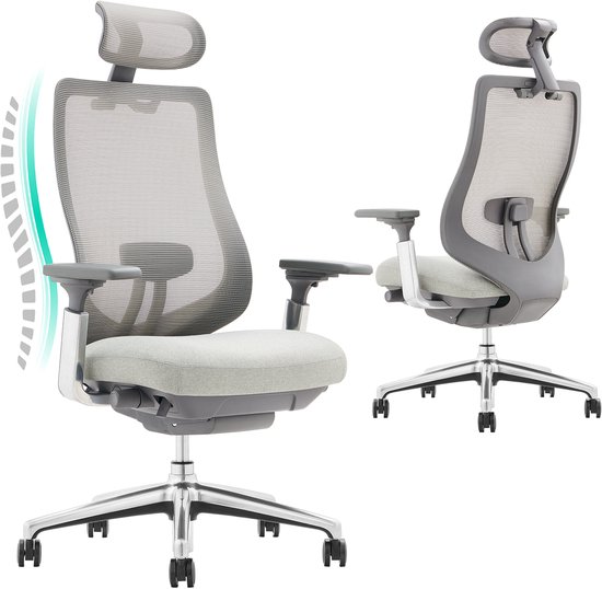 COLAMY Atlas Bureaustoel – Ergonomische Bureaustoel met 4D-armleuningen – voor-achter verstelbare zitting – Lichtgrijs