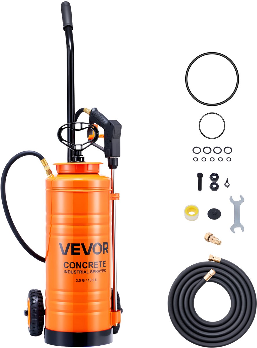 VEVOR-Drukspuit, Industriële Betonspuit met Rol, 13,2 Liter Roestvrijstalen Spuit, Robuuste Pompspuit, Inclusief Slangen, 2 Messing Sproeikoppen, Ideaal voor de Bouw, Gazon En Tuin