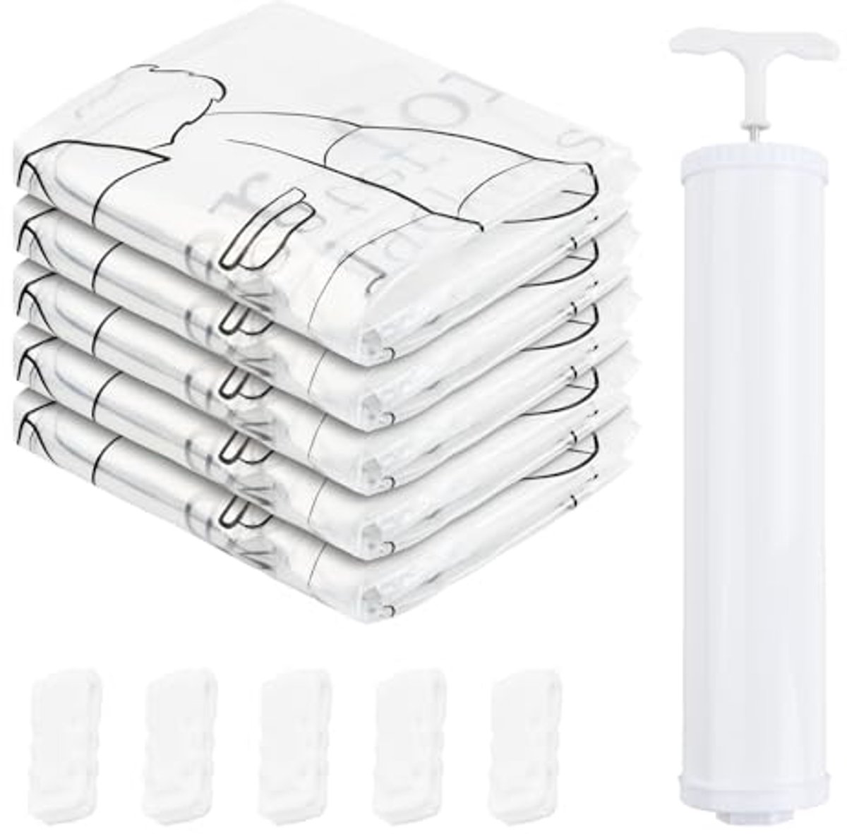 Ruimtebesparende vacuümzakken voor kleding - 5 stuks met handpomp en haken