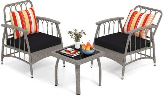 COSTWAY Tuinmeubelset, polyrotan balkonmeubels met 5-traps verstelbare rugleuning, rotan terrasmeubel, tafel en zitkussen, weerbestendig, zitgroep voor terras, balkon, tuin