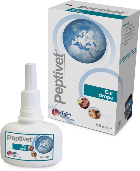 Peptivet oor druppels, 50 ml. Witte fles en doos met wereldkaart en afbeeldingen van honden en katten.