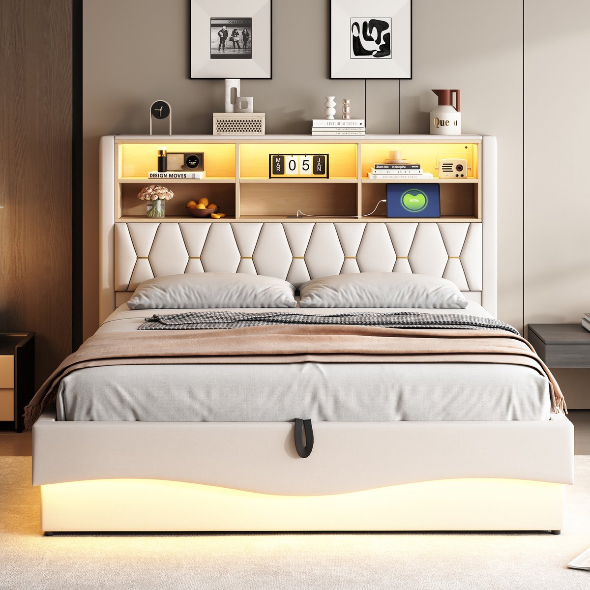 180x200 cm gestoffeerd bed met opbergruimte - met LED-verlichting en USB-oplaadpoort - beige - zonder matras