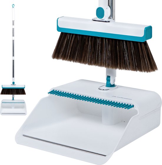 Ensemble pelle et balayette blanc avec des accents bleus, y compris un balai à brosses brun foncé et une pelle à dents.