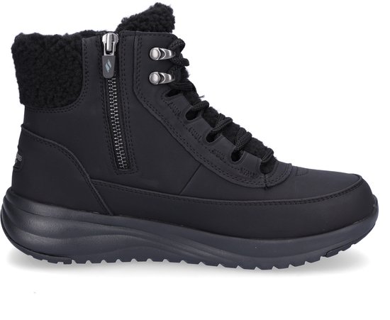 Zwarte Skechers laars met rits, veters en teddyvoering.