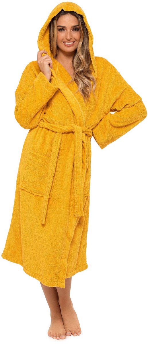 Unyqoos Luxe en comfortabele damesbadjas van badstof voor thuis en sauna Geel