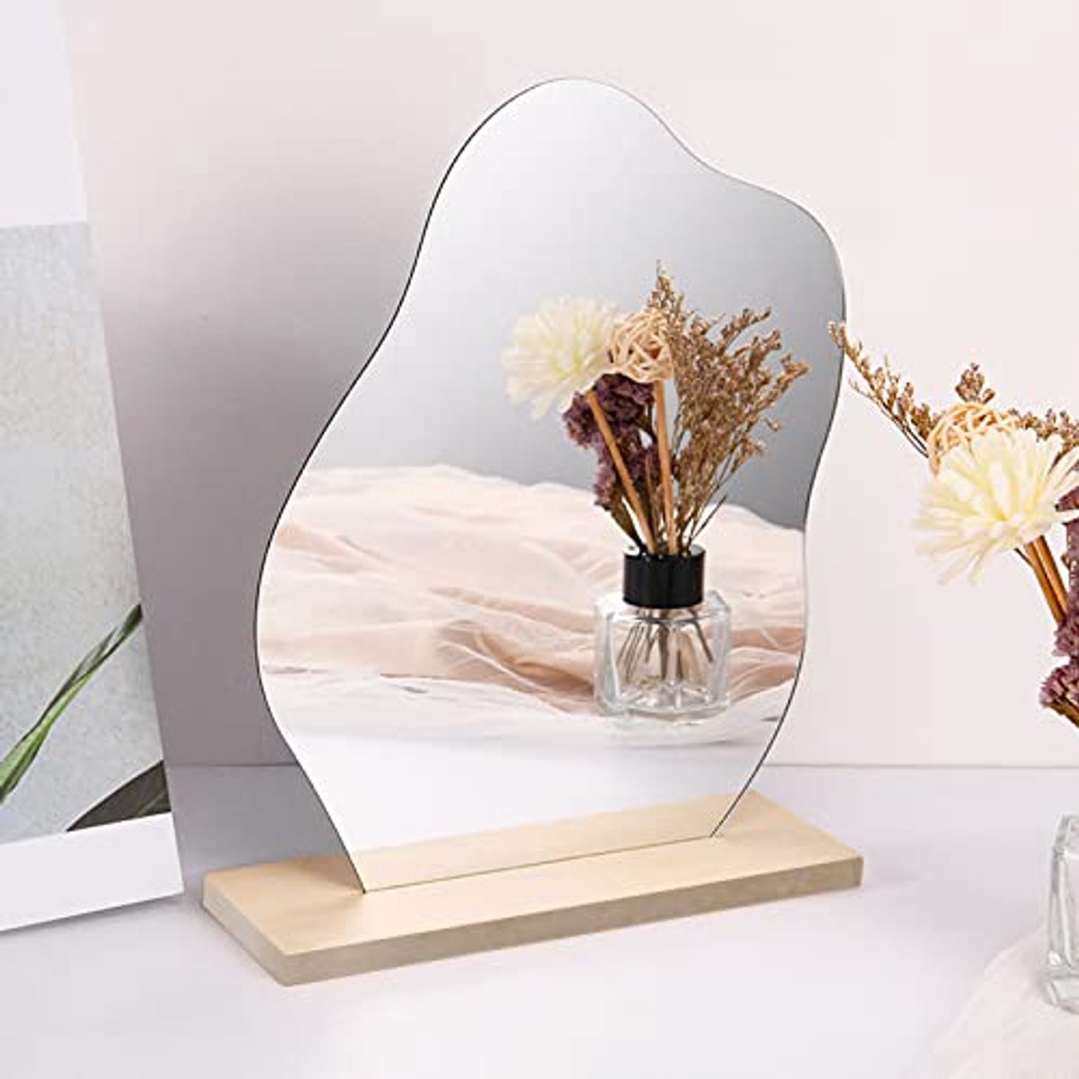 Acryl make-up spiegel met houten sokkel voor slaapkamer en woonkamer