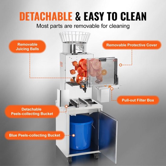 Sinaasappelpers - Professionele Commerciële Automatische Citruspers - 120 W - RVS Behuizing - 25 Sinaasappels per Minuut - Uittrekbaar Filter - Transparante Kap — afbeelding 3
