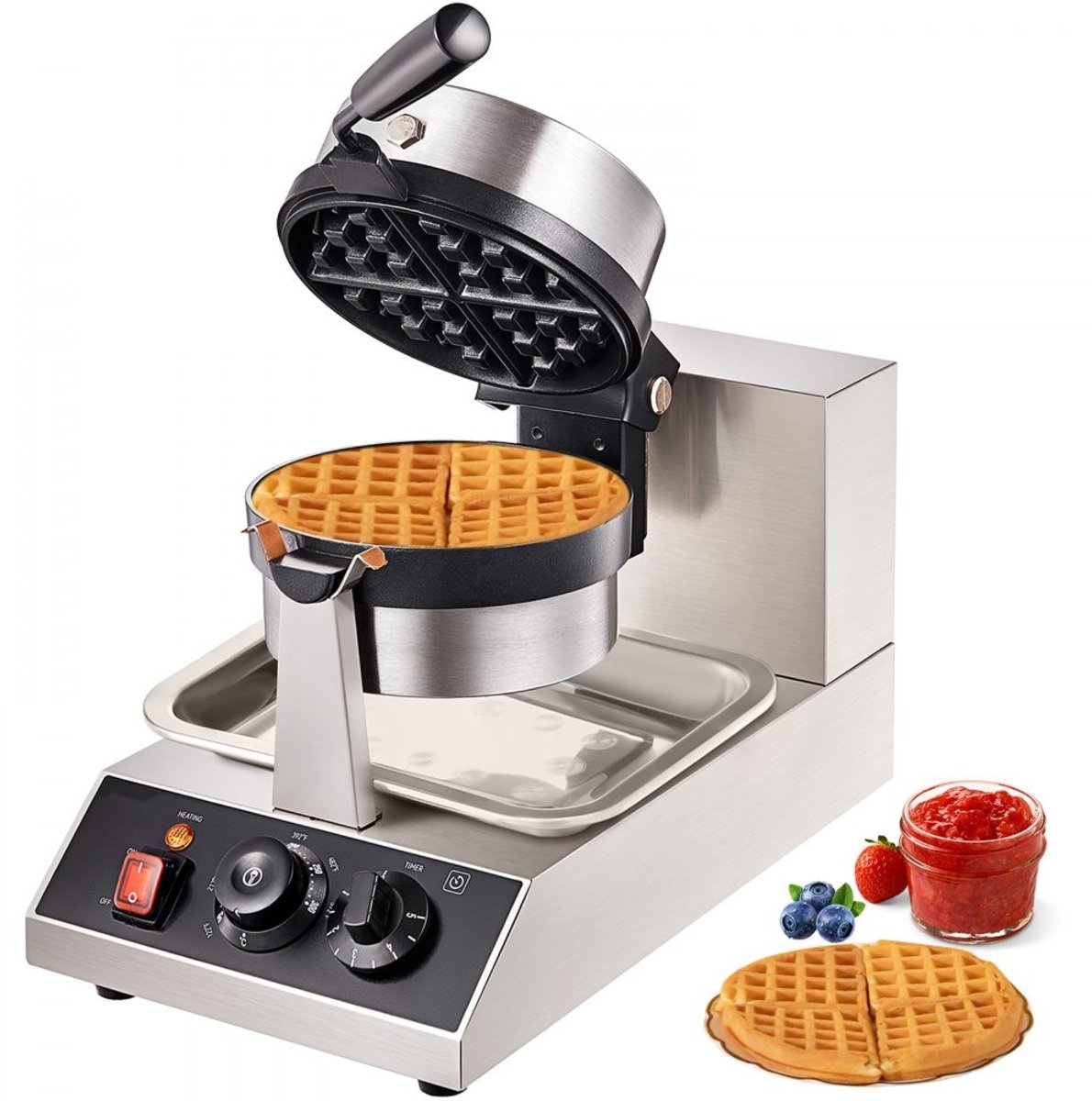 Belgisch Wafelijzer - Ronde 4-delige Wafelmaker - 1300 W - RVS Behuizing - Hittebestendige Handgreep - Inclusief Tang en Borstels - Horeca Geschikt