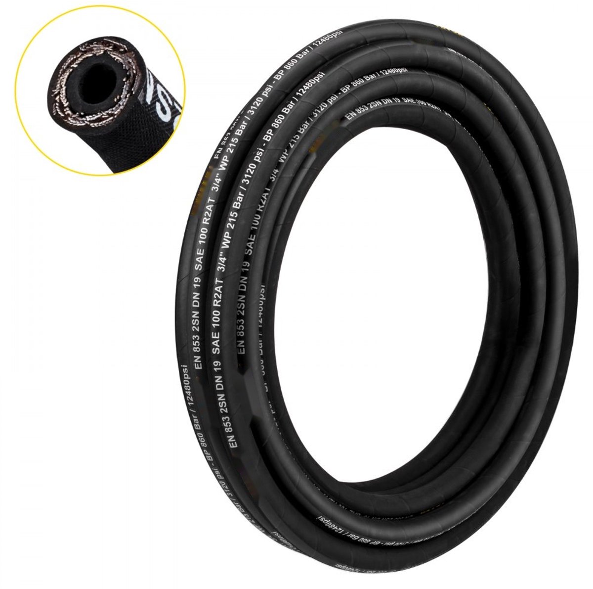 Hydraulische slang - Op rol 100 m - Diameter 6 mm - Hogedruk 5800 PSI (400 bar) - Versterkt met 2 stalen draadvlechten - Rubber - Temperatuurbereik -20 °C tot 140 °C