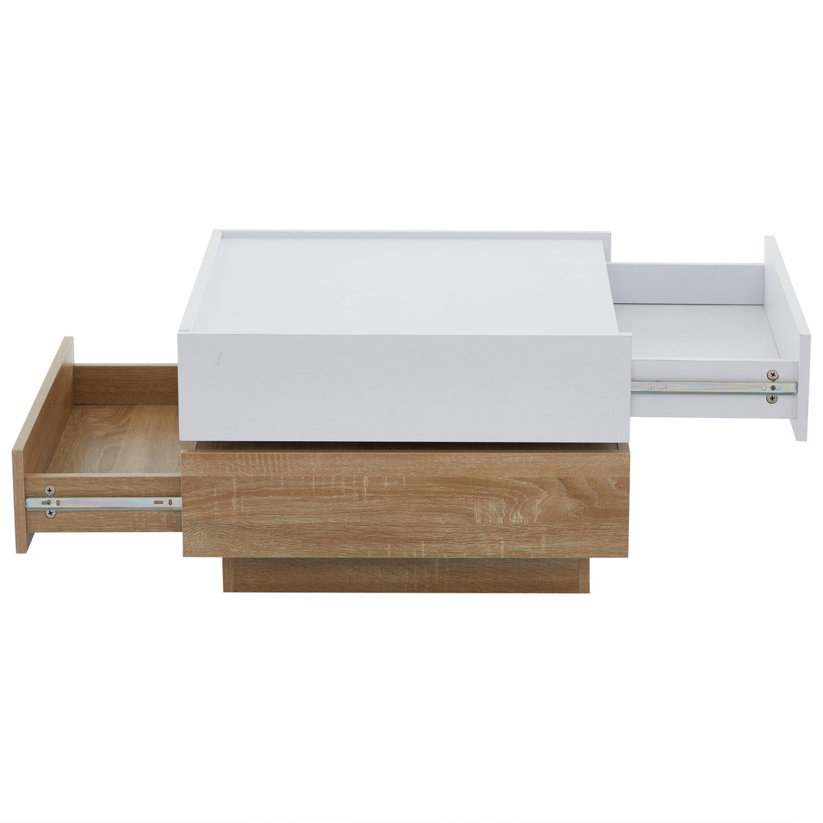 MODFU Multifunctionele salontafel 60x60x38 cm, wit met notenhouten frame, 360° draaibaar blad, 2 opbergniveaus