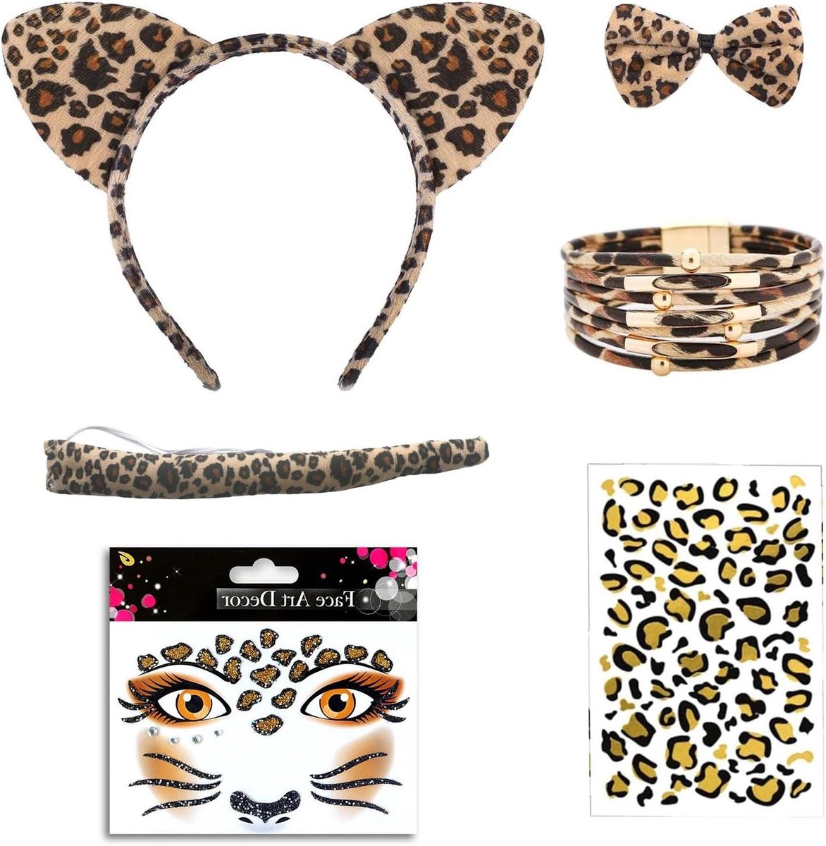 EGoods - Luipaardkostuum met luipaardoren, vlinderdas en armband voor dames - Carnaval en Halloween - 6-delig