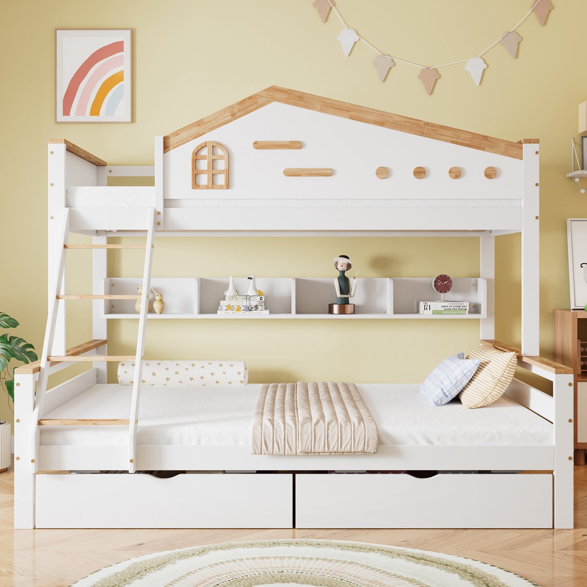 MODFU Kinderstapelbed 90x200 cm – Met contrasterende reling, 2 lades, raam & open rek – Wit/naturel