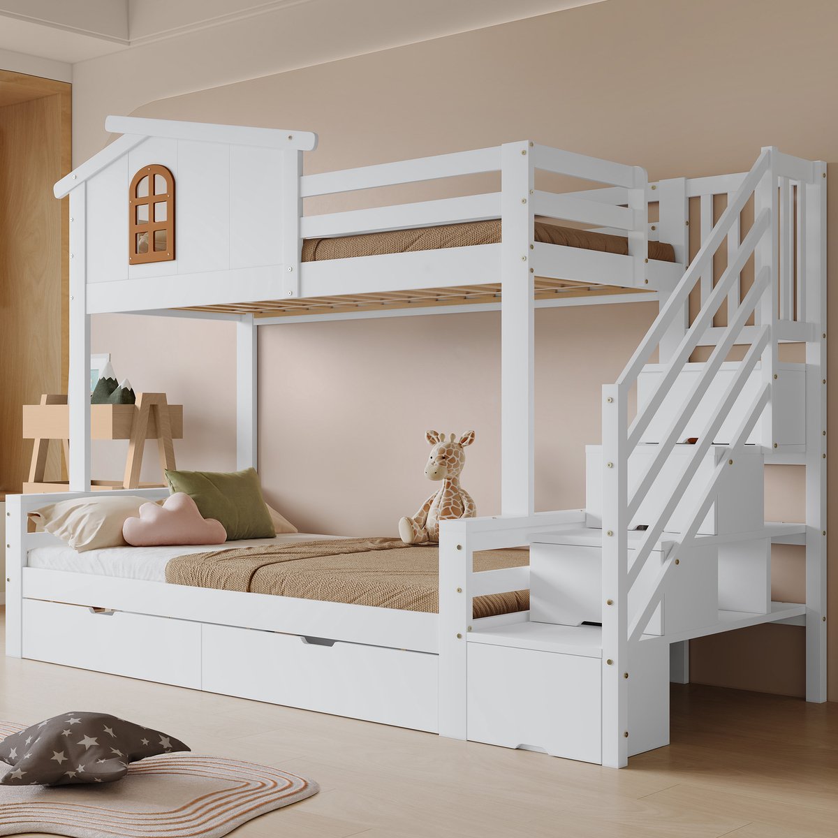 MODFU Kinderstapelbed 90x200/120x200 cm – Met lades & hoekladekast – Raam – Stevige lattenbodem – Wit/naturel