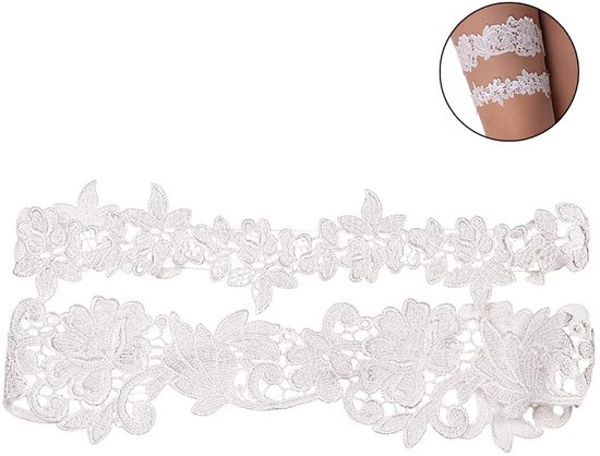 Jarretière de mariée - Dentelle Wit - Tissu extensible ajustable avec dentelle et motif floral - 1 pièce - Mariage/Cadeau - Wit