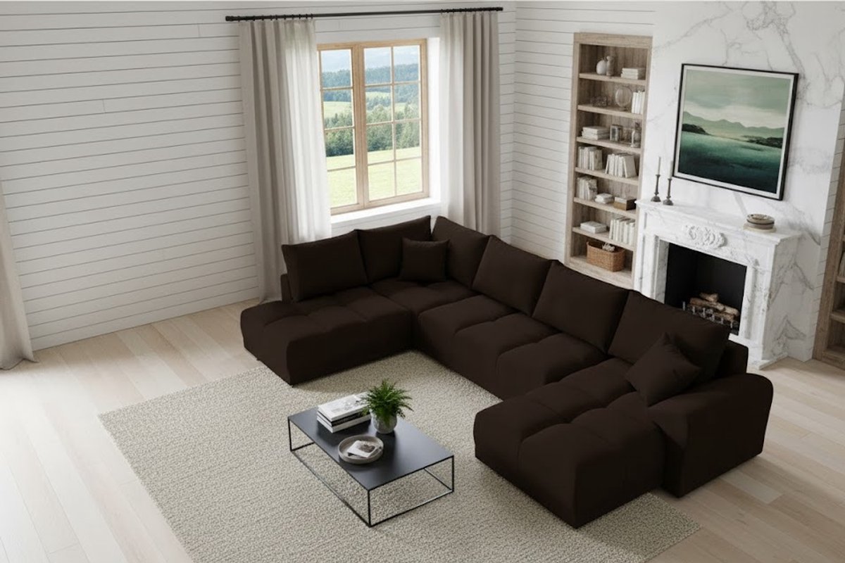 Hoekbank met Slaapfunctie U-vorm 365x189 cm – Luxe Chocolade Fluwelen Slaapbank met Opbergruimte en Bedfunctie – Comfortabele Grote U-Hoekbank met Kussens – Ganeey