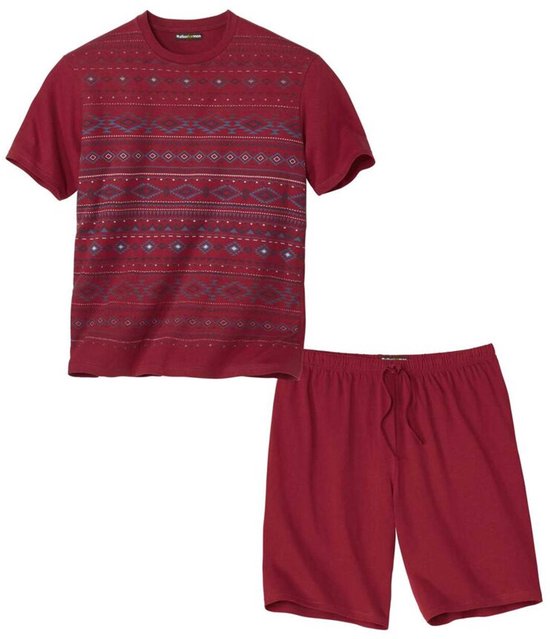 Pyjamaset voor heren in bordeauxrood met een all-over ruitpatroon en streepjes in verschillende blauw- en grijstinten.
